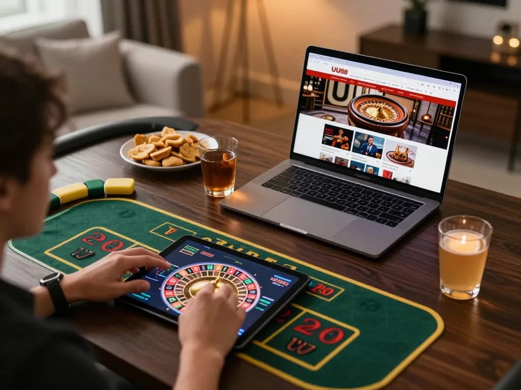 Person playing live roulette on UU88 platform in a cozy home setup.
