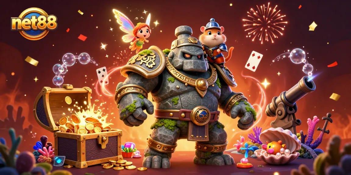 Experience thrilling gameplay with net88's magical golem, fairy, and hamster knight in a vibrant casino world.