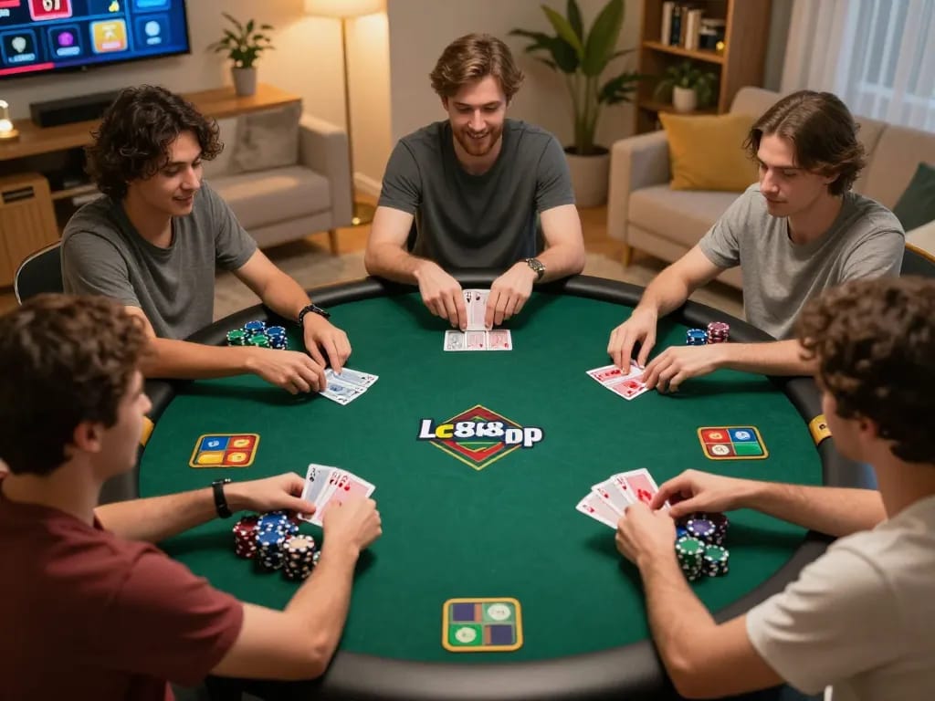 Online poker game in progress on lc88app, showcasing player cards and chips in a cozy setting