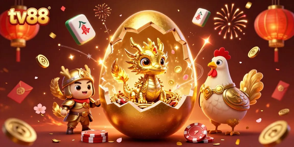 Experience thrilling gaming at tv88 with a golden dragon and poker chips in a festive casino scene.