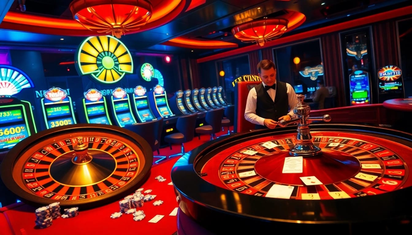 Exciting casino environment showcasing 888vi 22vip with roulette wheel and slot machines.