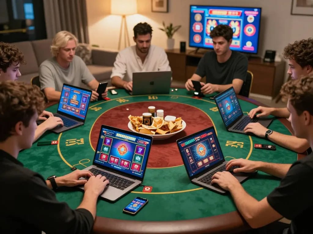 Players engaged in online gambling at SHBET .COM using laptops and mobile devices, showcasing exciting gameplay.