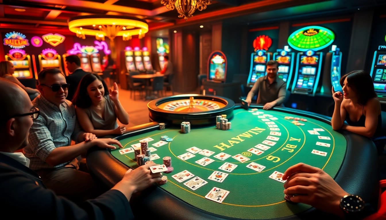 HAYWIN gaming table surrounded by excited players enjoying high-stakes gambling.