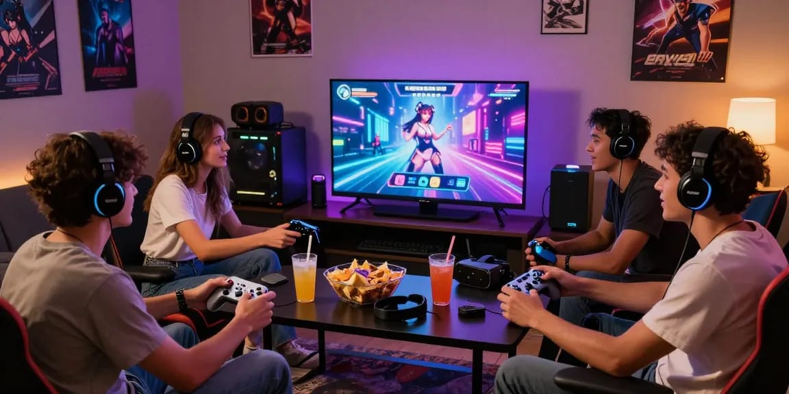 Friends enjoying a real hentai game together in a vibrant gaming room atmosphere.