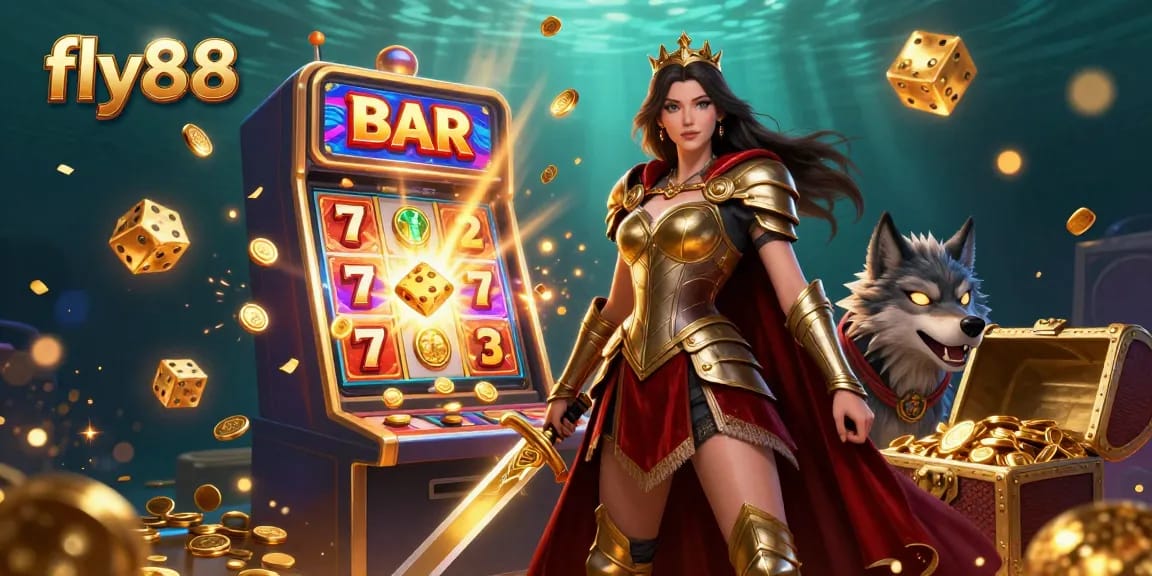 Engage in thrilling gameplay with fly88, where a warrior queen and her glowing wolf companion explore an amazing casino experience.