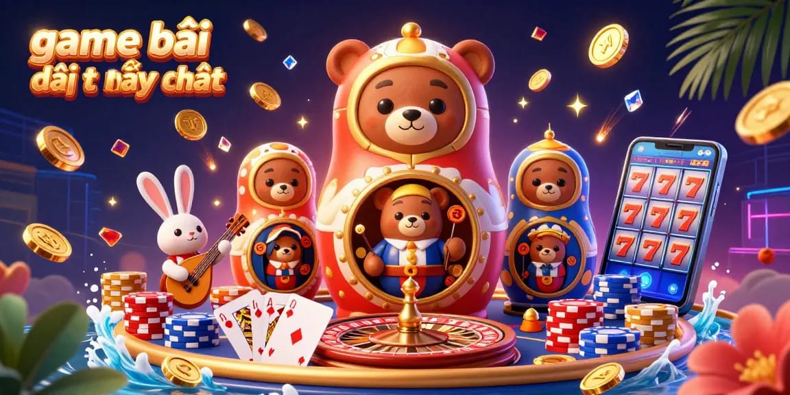 Engaging 3D illustration showcasing game bài đổi thưởng uy tín with cartoon bears and casino elements, highlighting vibrant gaming action.