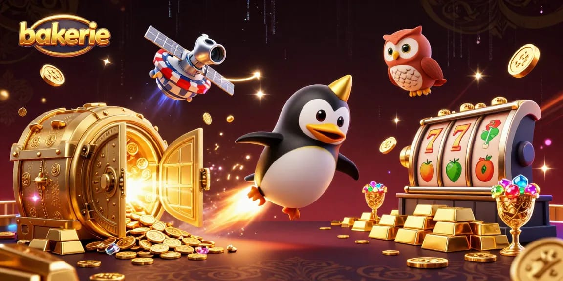 Experience the excitement of bakerie casinos featuring a golden penguin and vibrant casino elements.