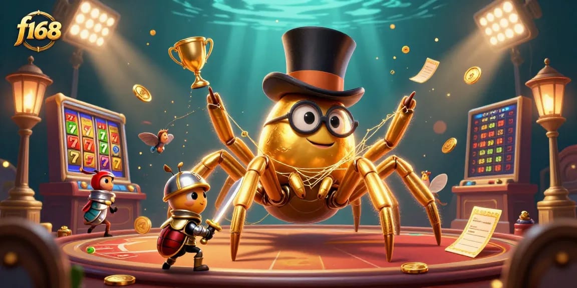 f168 gameplay features a giant golden tarantula engaging in a dynamic casino scene filled with slots and jackpots.