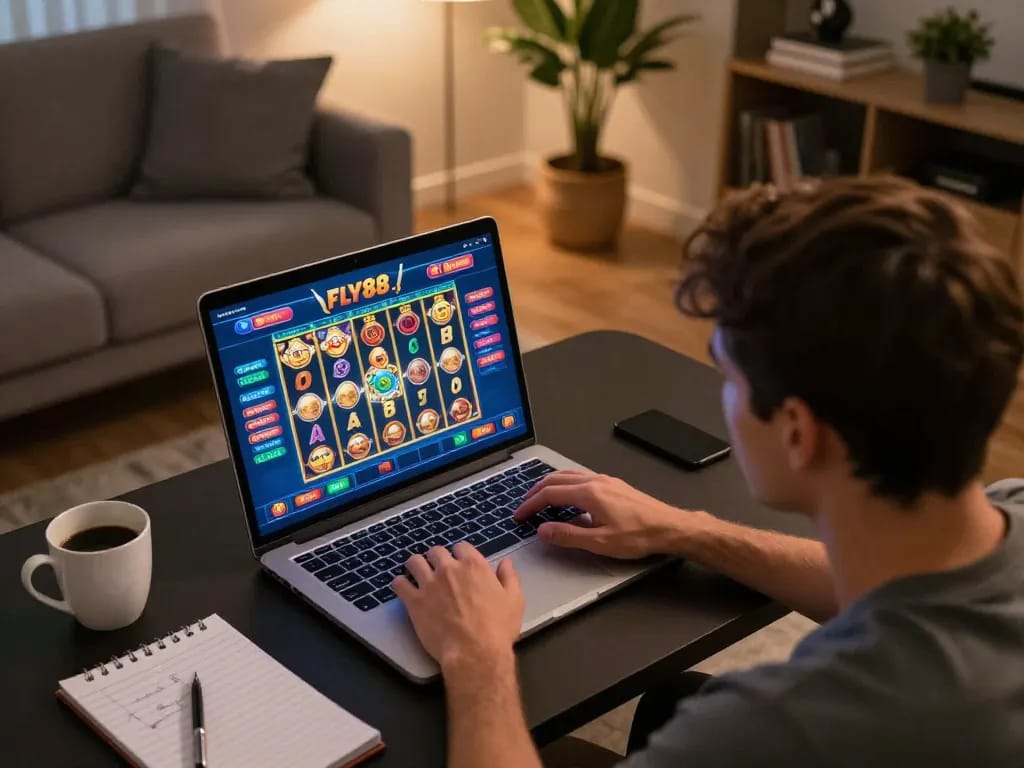 Engaged player using fly88 online gaming platform on a laptop in a cozy home setting