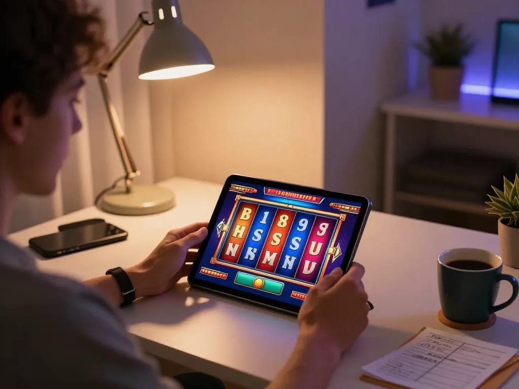 jae888 player enjoying a vibrant online slots game on tablet at home desk