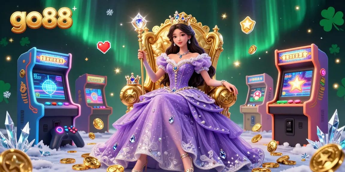 Experience thrilling gameplay at go88 with a stunning scene of a regal princess and vibrant arcade games, rich in casino excitement.