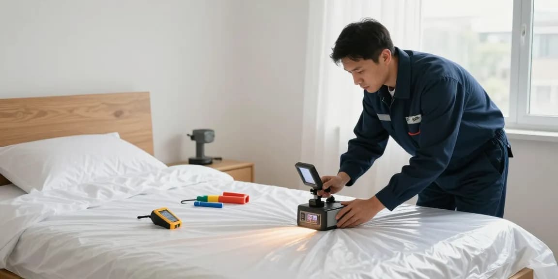 Professional performing bed bug heat treatment in a bright bedroom for effective pest control.