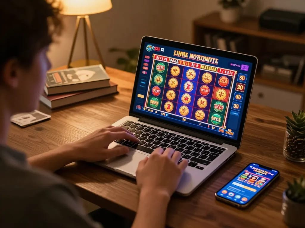 Using Free Credit No Deposit 30 while playing online slots on a laptop in a cozy home setting.