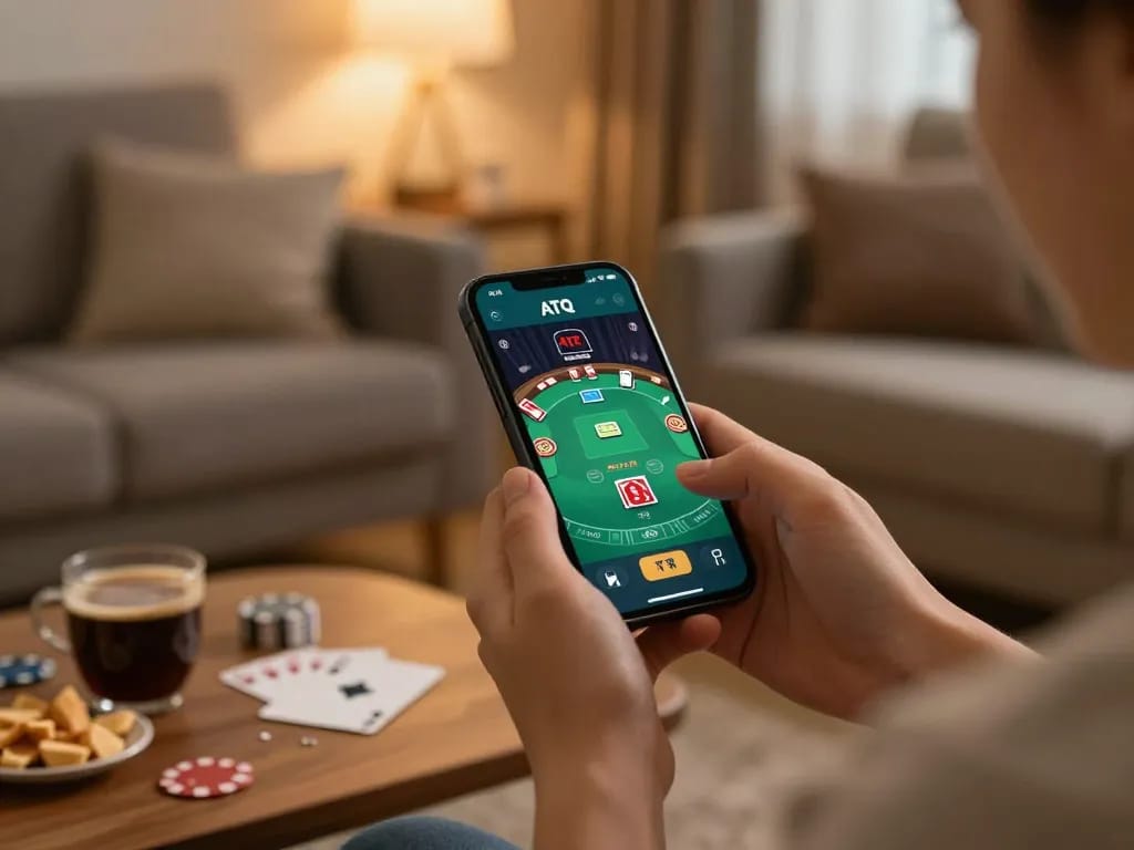 The app ATQ showcases a live poker game on a smartphone, surrounded by a cozy home environment filled with betting notes and snacks.