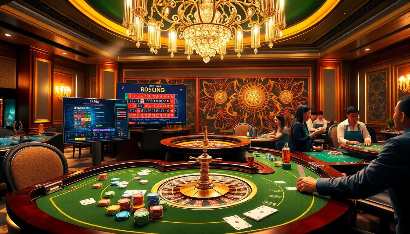 Experience the thrill of tr88 as players engage in high-stakes casino games with vibrant chips and cards.