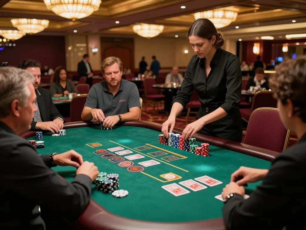 Engaged players strategizing their moves at the SC888 blackjack table in an upscale casino