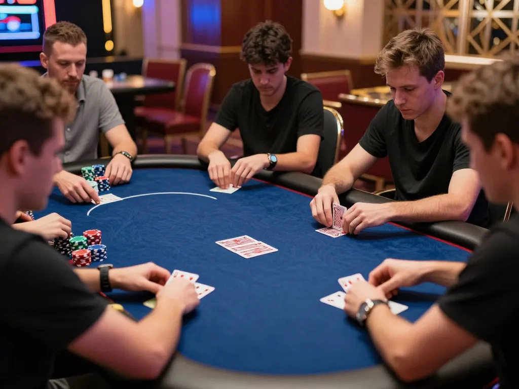 Players strategizing at an MLB-shop-themed poker table in an upscale casino atmosphere.