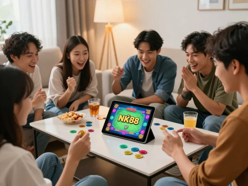 Players celebrating a win in NK88 nổ hũ game on a tablet, vibrant cozy home atmosphere.