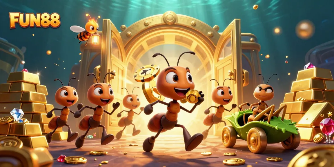 Ants execute a FUN88 heist in a vibrant, detailed casino scene with treasures and dynamic energy.