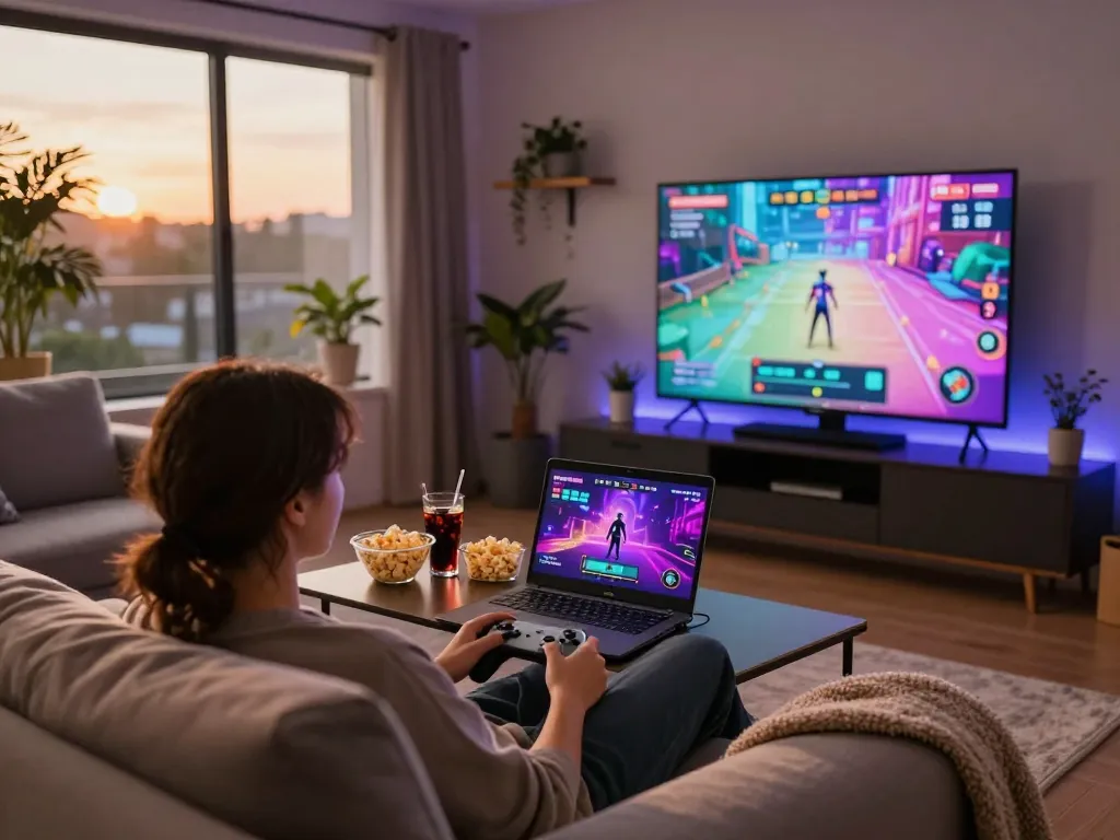 Engaging in a sex game on a laptop in a cozy living room.