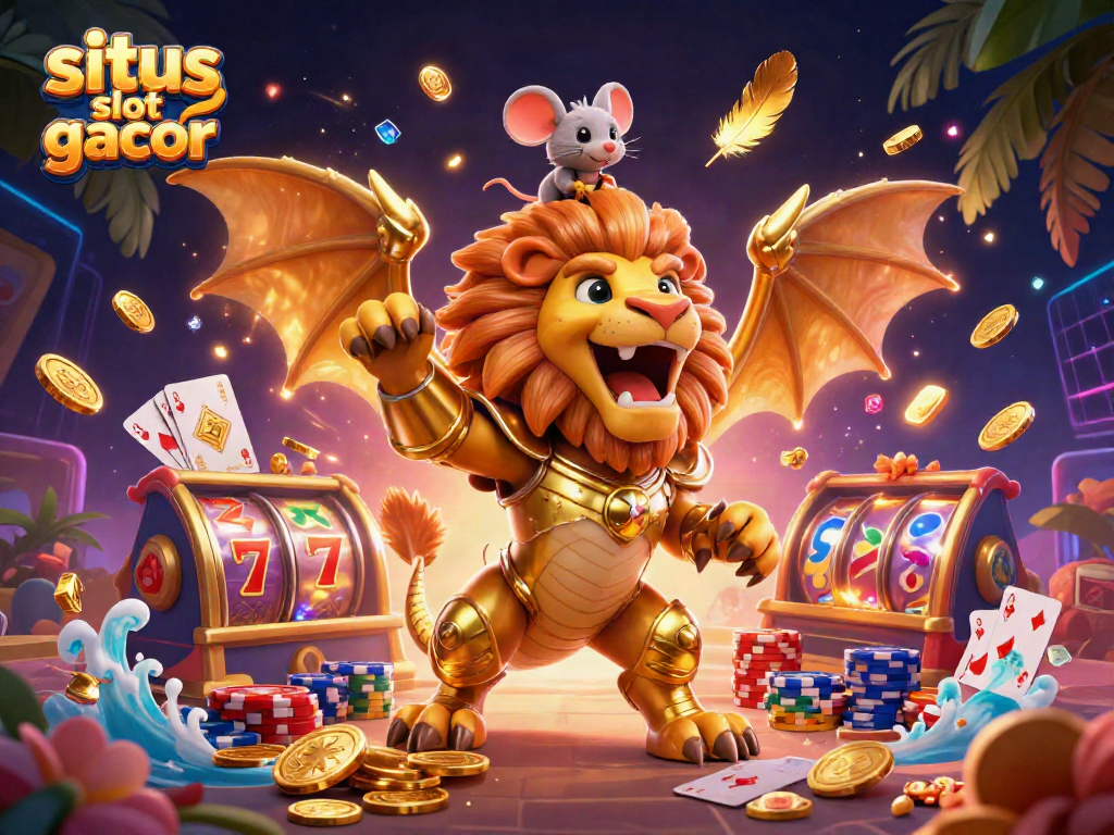 Experience the excitement of situs slot gacor with a vibrant scene featuring a roaring chimera, coins, and cards.