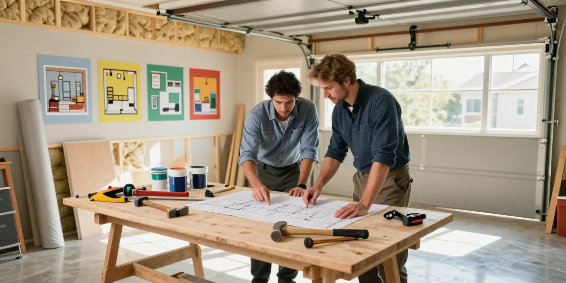 Garage conversion builder reviewing plans with homeowner in bright garage setting.