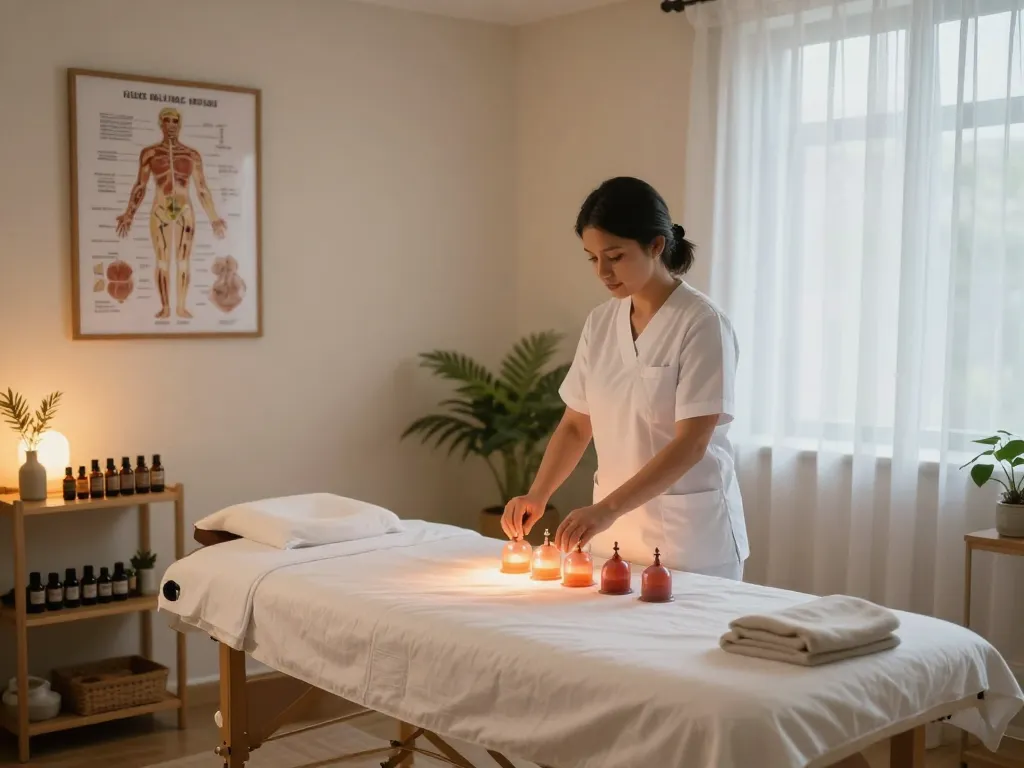 Professional Hijama certification UK therapy room with calming ambiance and essential oils.