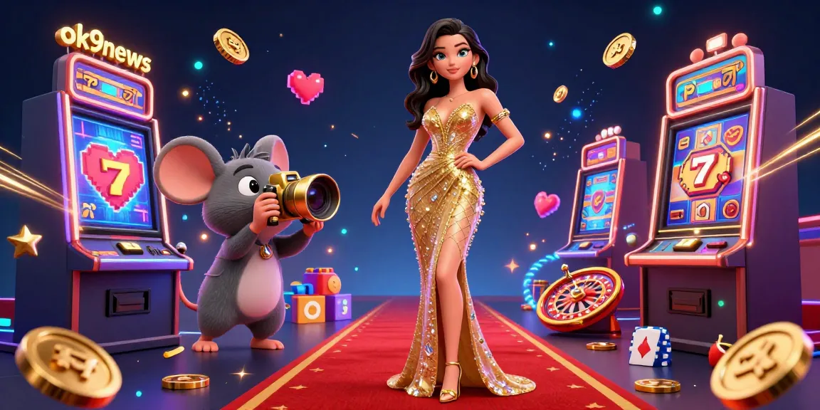 Experience thrilling gaming at ok9news with vibrant slot machines, a glamorous character, and a lively casino atmosphere.