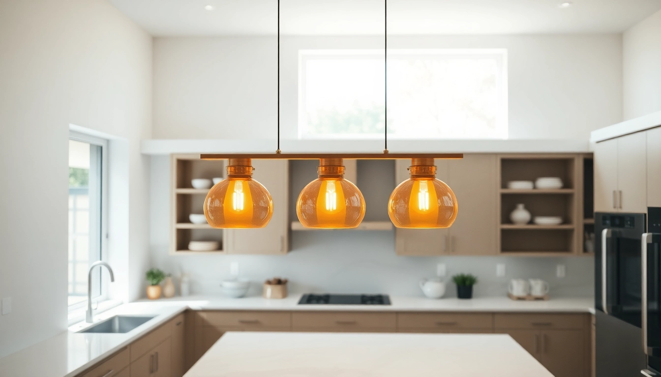 Bright island light fixture illuminating a contemporary kitchen island with marble countertop.