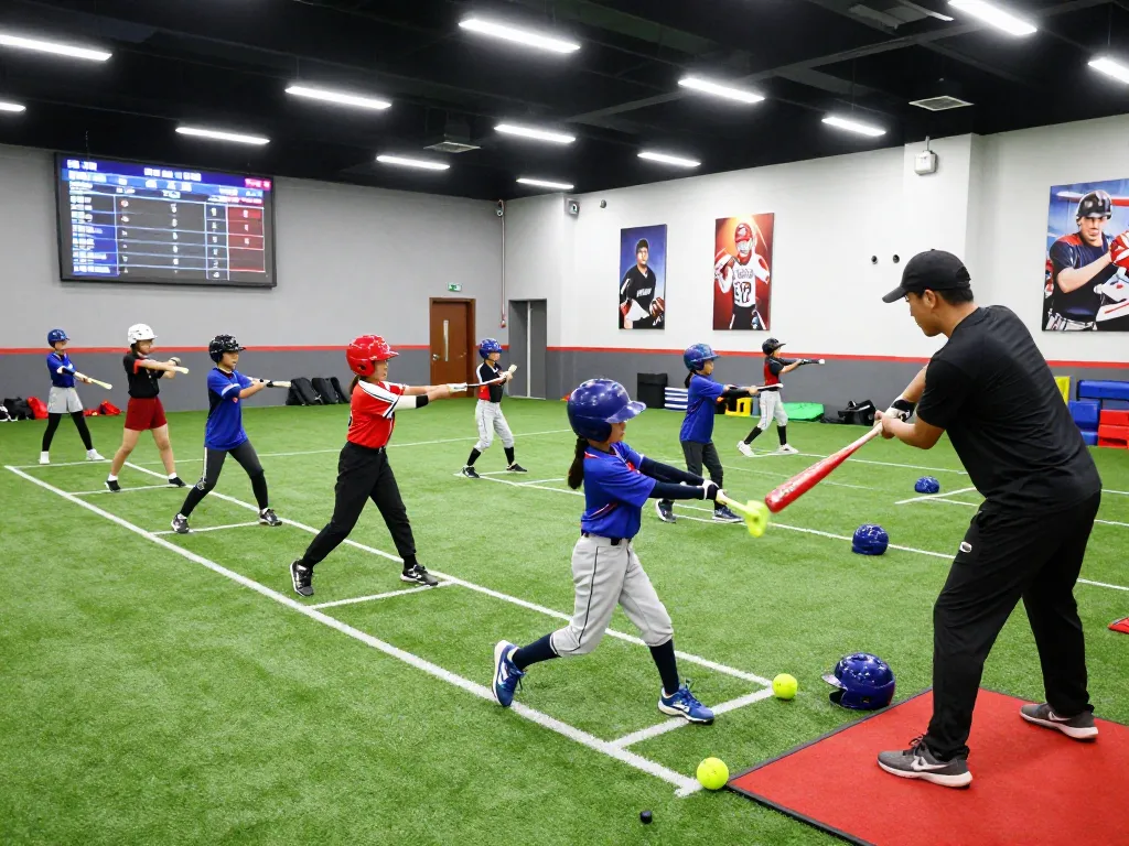 Hitclub training facility showcasing young athletes in action during dynamic baseball practice with coaches and equipment.