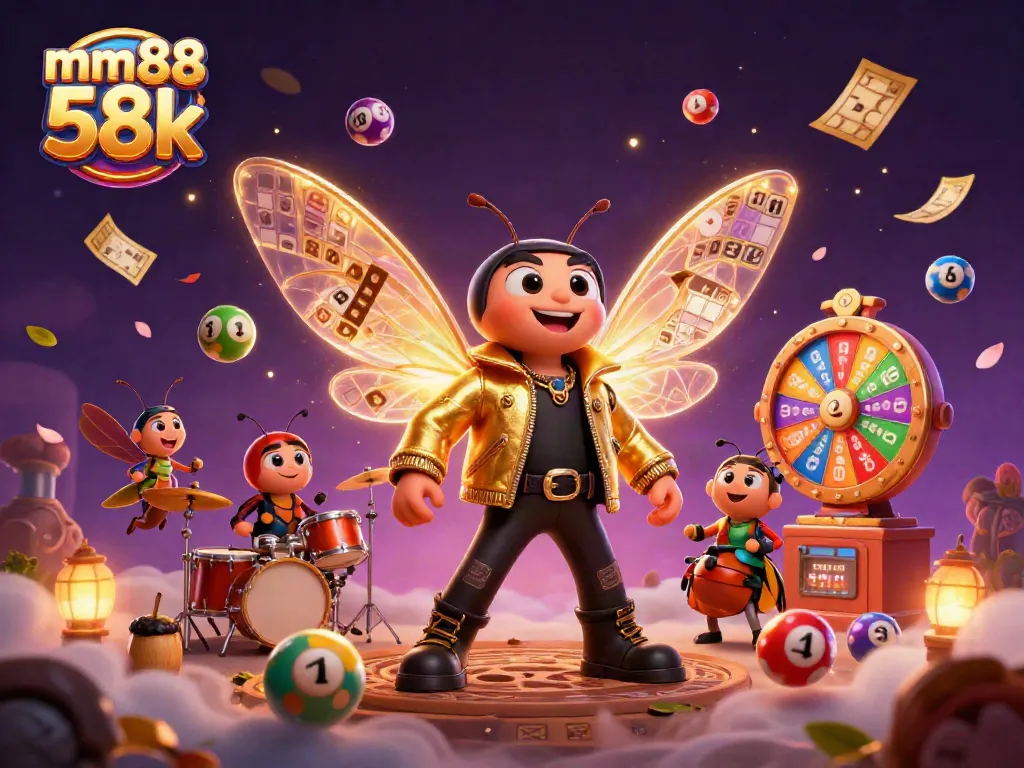 Experience the excitement of mm88 58k with engaging visual elements like buzzing cicada rock stars and vibrant game symbols.