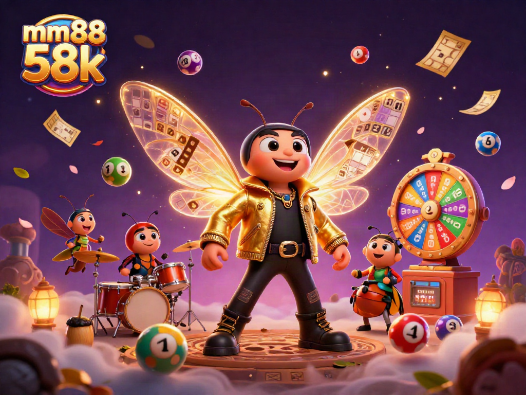 Experience the excitement of mm88 58k with engaging visual elements like buzzing cicada rock stars and vibrant game symbols.