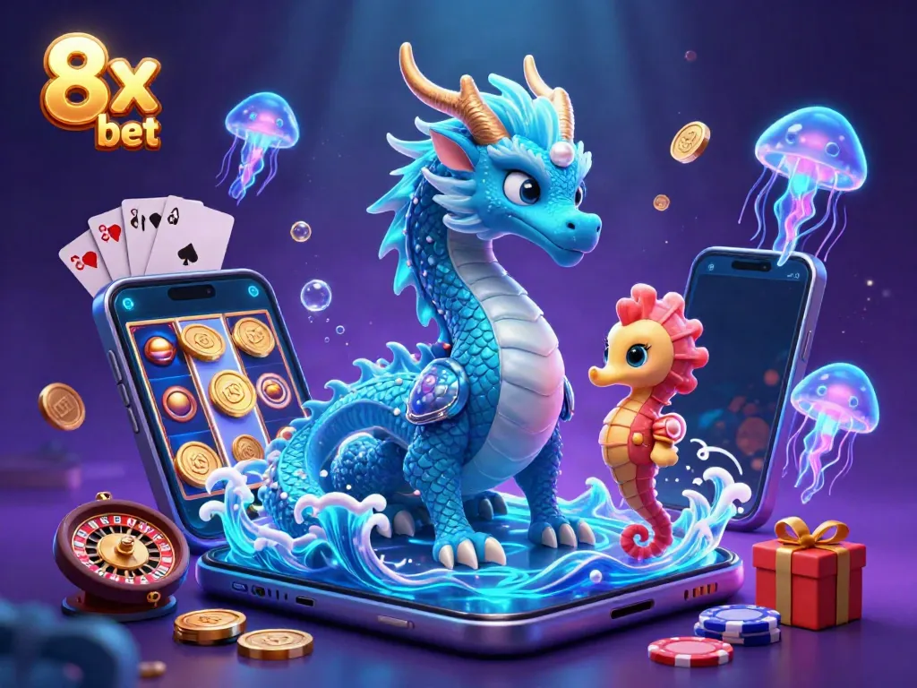 Experience the excitement of 8x bet with a vibrant underwater casino scene featuring a water dragon, seahorse knight, and gaming elements.