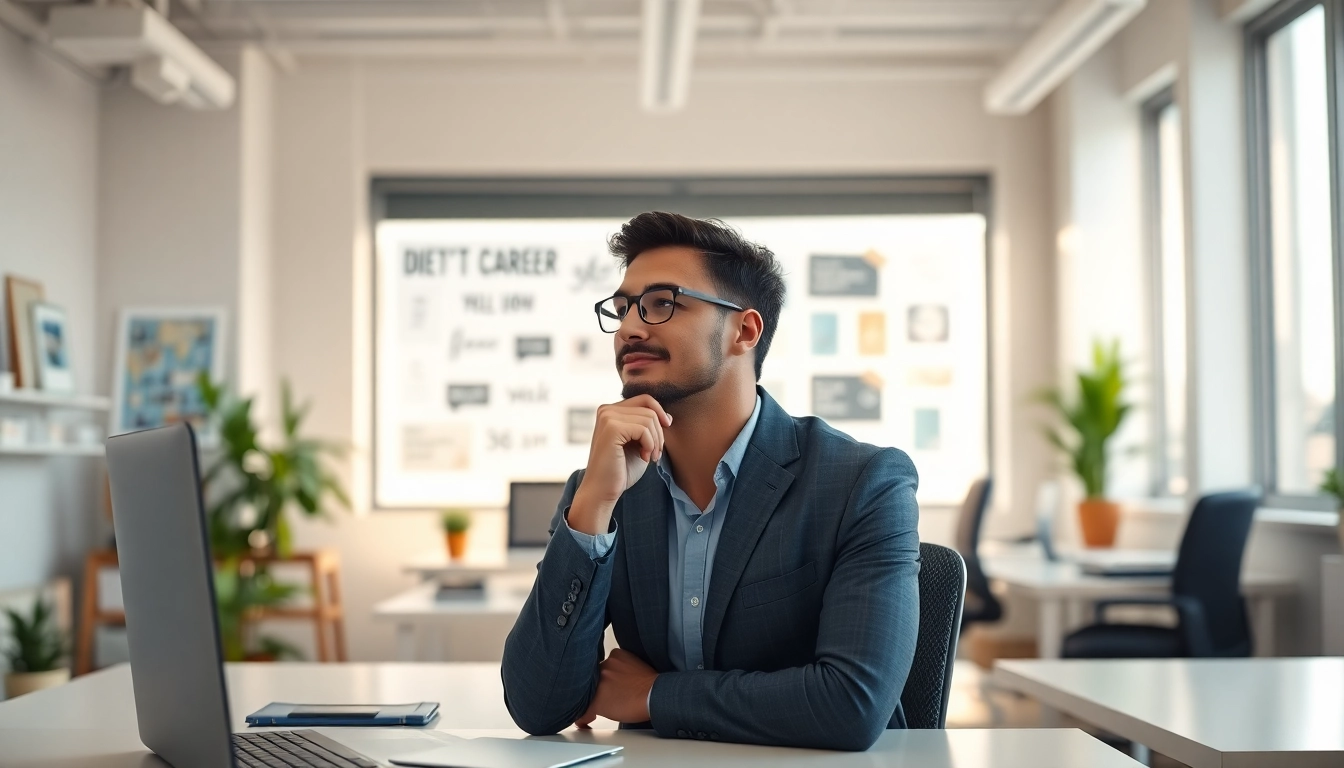 Visualize an individual defining their Ideal career in a dynamic office scene.