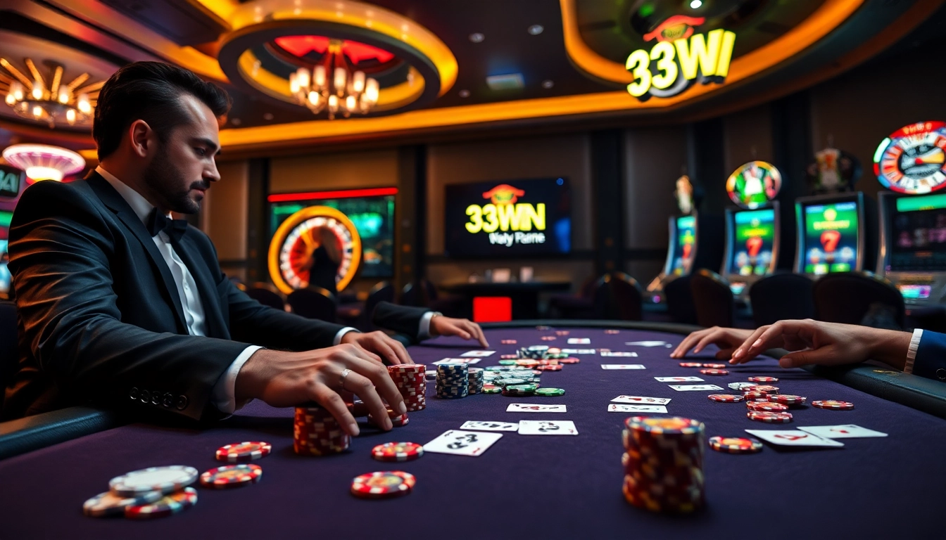 33WIN poker players engaged in thrilling high-stakes gameplay at a luxurious casino table.