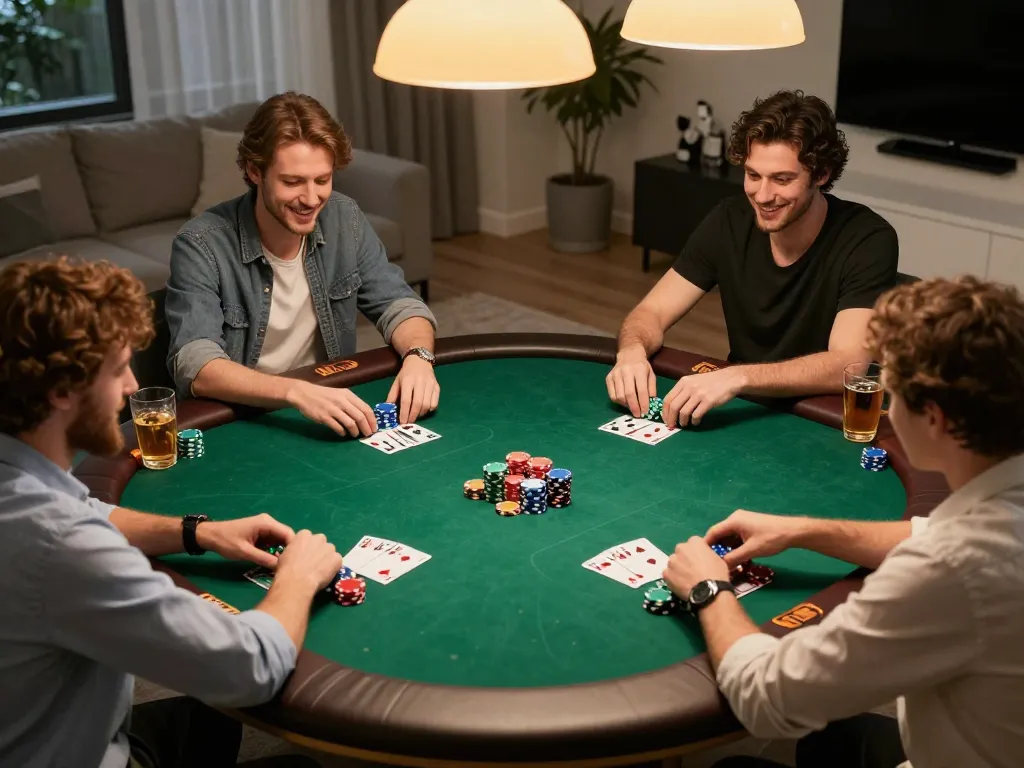 Kubet players strategizing during a friendly poker game at home, showcasing engaging gameplay and social atmosphere