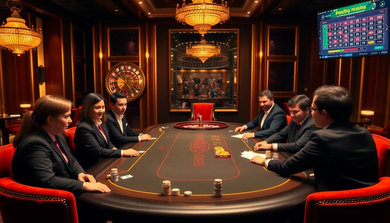 Players strategizing at a poker table in a luxurious casino environment related to https://pg88mk.com/.