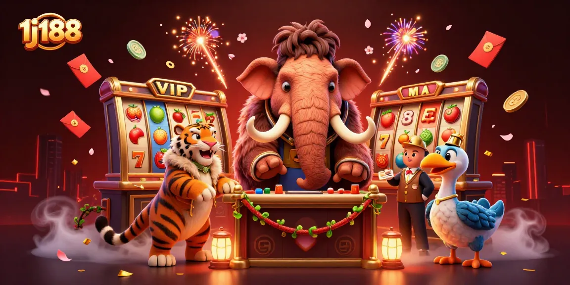 Experience excitement with 1j188 as a mammoth checks IDs at the casino entrance, featuring vibrant jackpots.