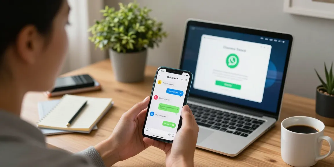 Engaged user exploring the GB WhatsApp app on a smartphone in a cozy workspace.