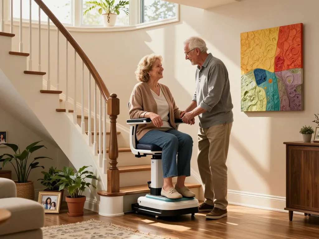 Senior couple using a stairlift in a warmly lit home, showcasing mobility and comfort.