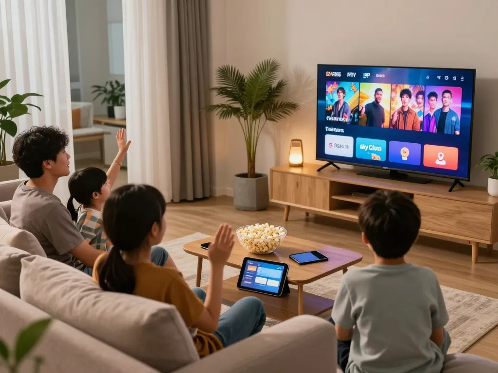Enjoy seamless entertainment with Sky Glass IPTV Subscription in a cozy family living room.