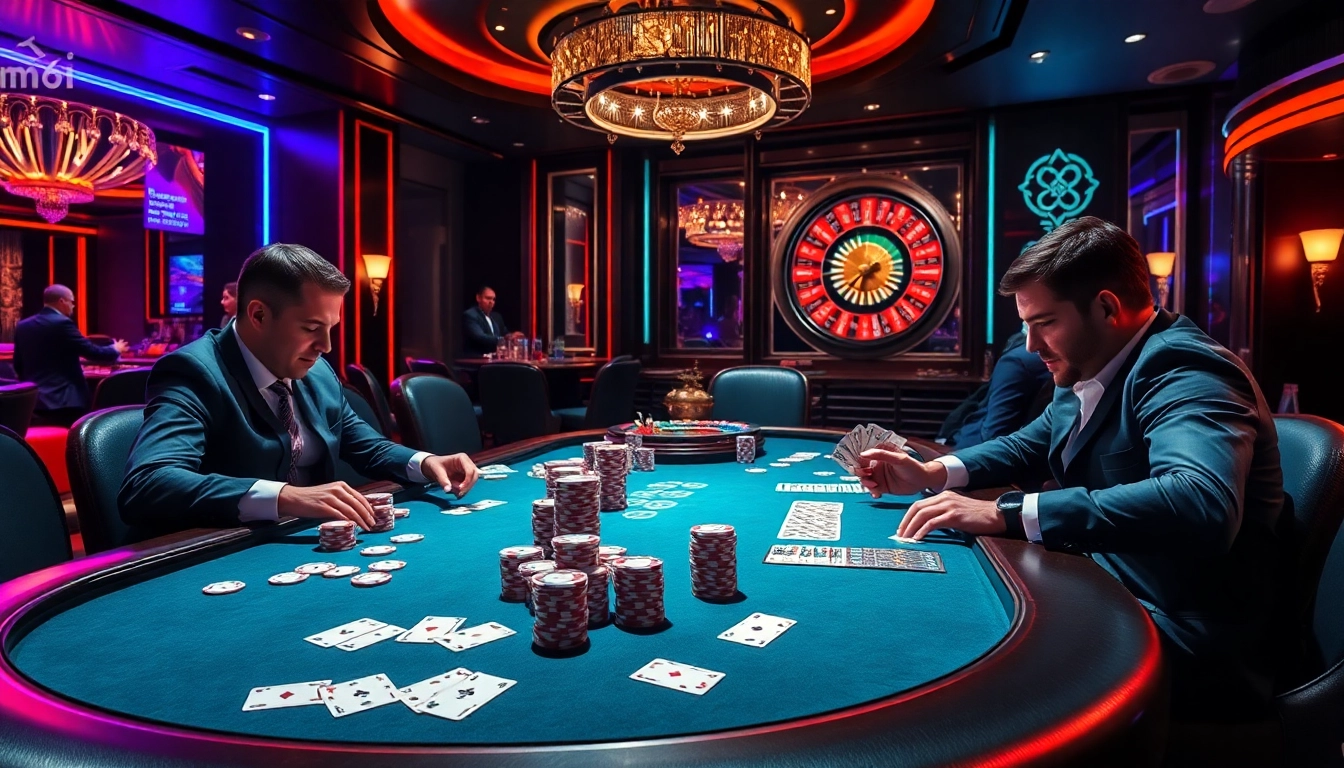 High-stakes poker action at a vibrant casino from https://mm66i.com/, showcasing excitement and elegance.