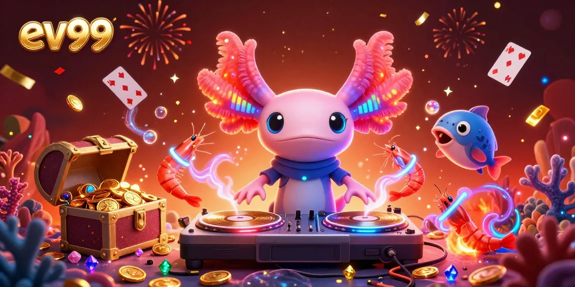 Players experience vibrant fun with ev99 at this animated online casino illustration.
