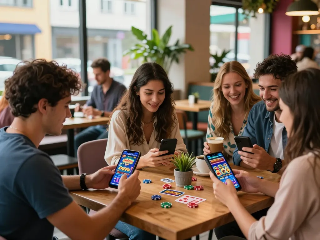 Players using the Zumospin mobiele app in a lively café ambiance, enjoying a vibrant gaming experience.