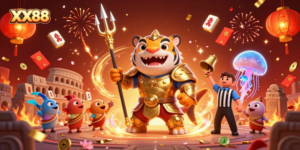 Experience the excitement of XX88 with a fierce tiger shark gladiator celebrating underwater in this vibrant casino illustration.