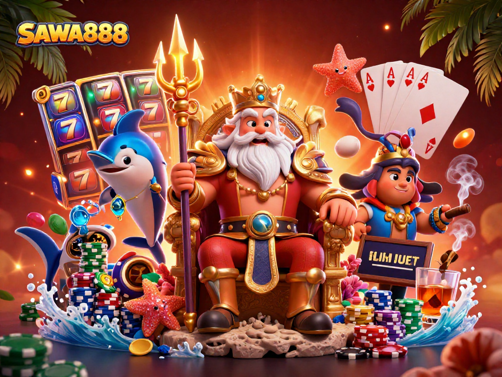 Spin and win with SAWA888 slot games featuring Neptune and vibrant casino elements.