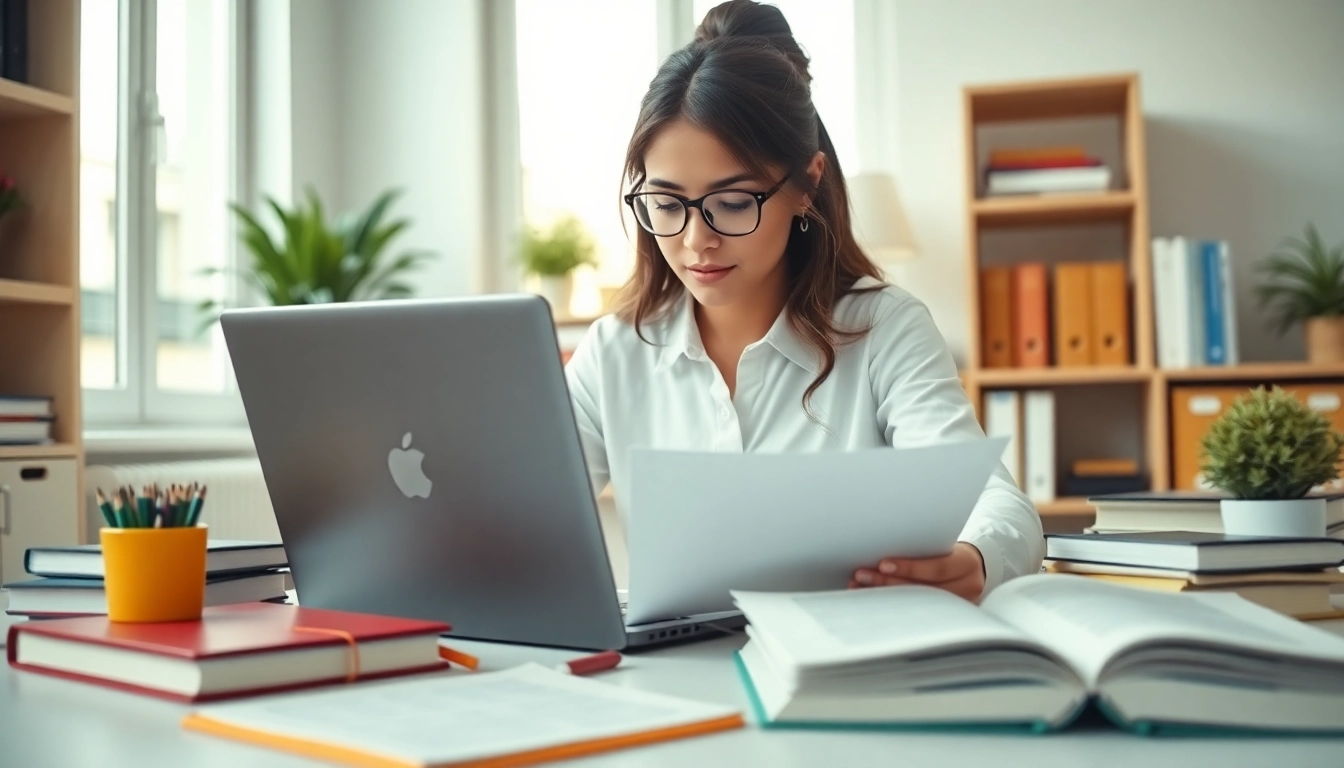 Student preparing for online exams help in a well-lit home office, focused and organized.