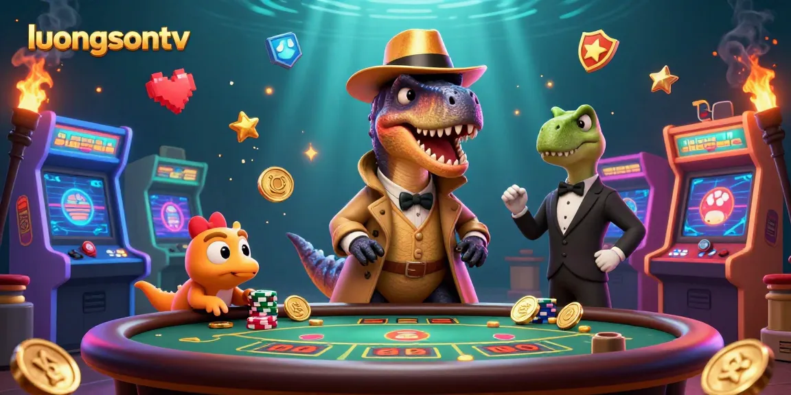 Experience thrilling blackjack with luongsontv's dynamic cartoon scene of a velociraptor and pit boss.