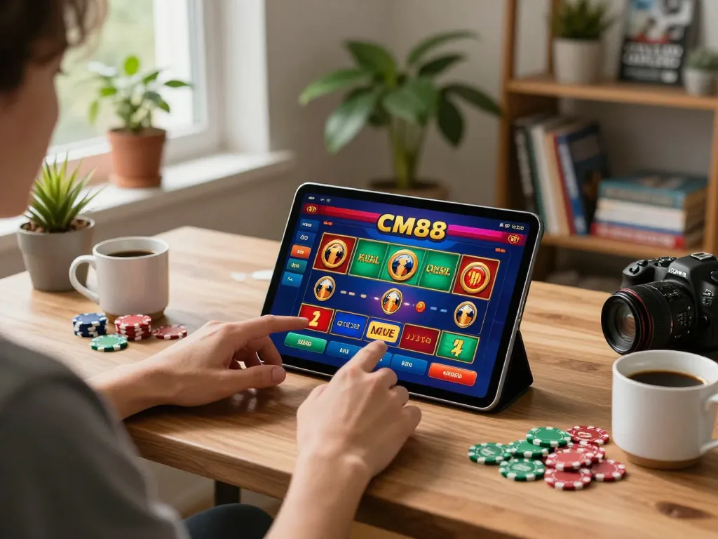 Player engaging with CM88 online casino on tablet, showcasing vibrant gaming experience.