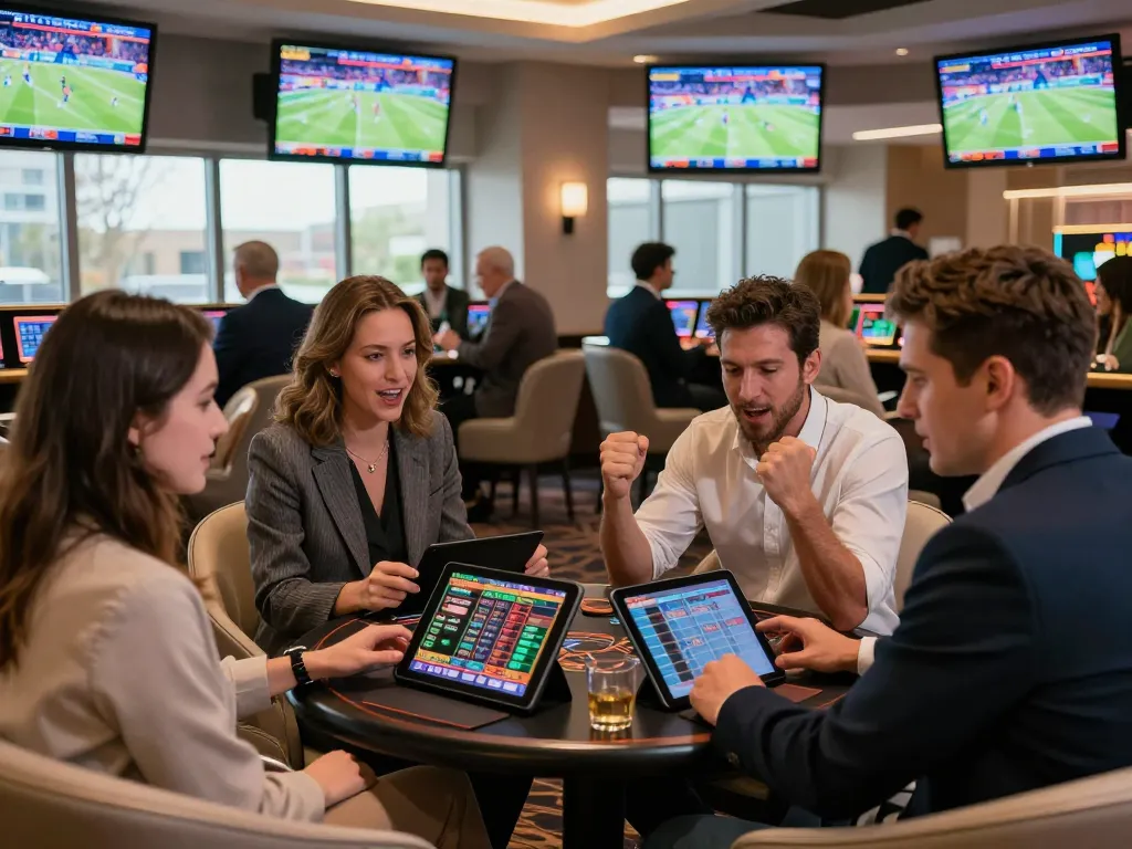 Patrons engage in sports betting at S666 with lively screens displaying live events